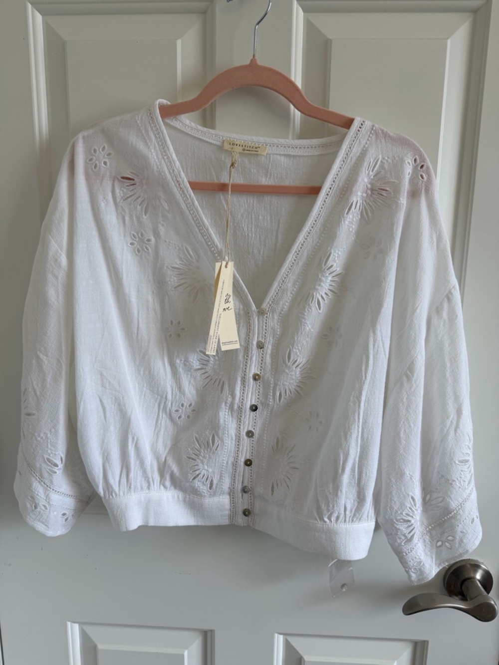 Love Stitch White Embroidered V-Neck Button Front Blouse
